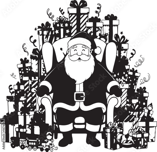 Jolly Santa Claus surrounded by festive Christmas presents