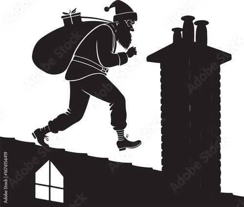 Santa Claus climbing rooftop near chimney Christmas