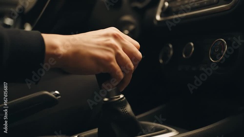 Close Up of Driver Shifting Manual Gear - A close-up shot shows a person's hand smoothly shifting a manual gear in a car. The interior of the vehicle is dimly lit, creating a cinematic atmosphere.