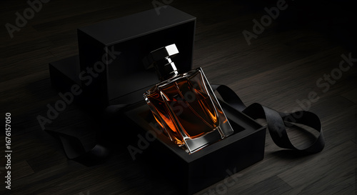 a beautiful, elegant black bottle of perfume in an open gift box