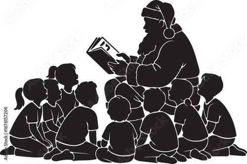Santa Claus reads to attentive children reading book