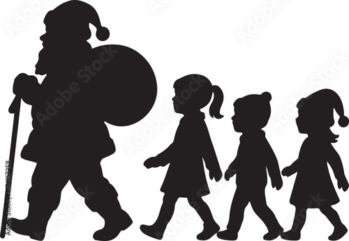 Santa Claus walking with children Christmas holiday