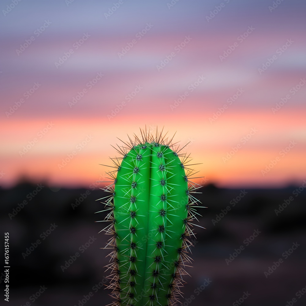 Naklejka premium A vibrant green cactus stands tall against a breathtaking desert sunset backdrop