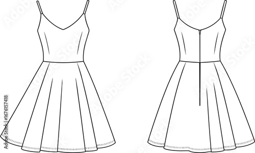 Technical flat fashion sketch of women’s sleeveless dress front and back views with V‑neckline, fitted bodice, flared skirt, zipper back closure