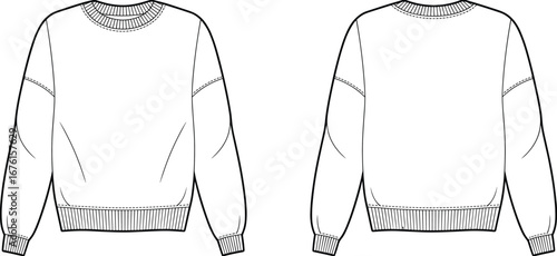 Technical flat sketch of crew neck sweatshirt front and back views with ribbed cuffs and waistband for apparel design illustration vector templateTechnical flat sketch of crew neck sweatshirt front 