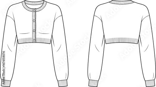 Technical flat sketch of cropped cardigan sweater front and back views with button placket, ribbed cuffs, hemline for apparel design vector illustration
