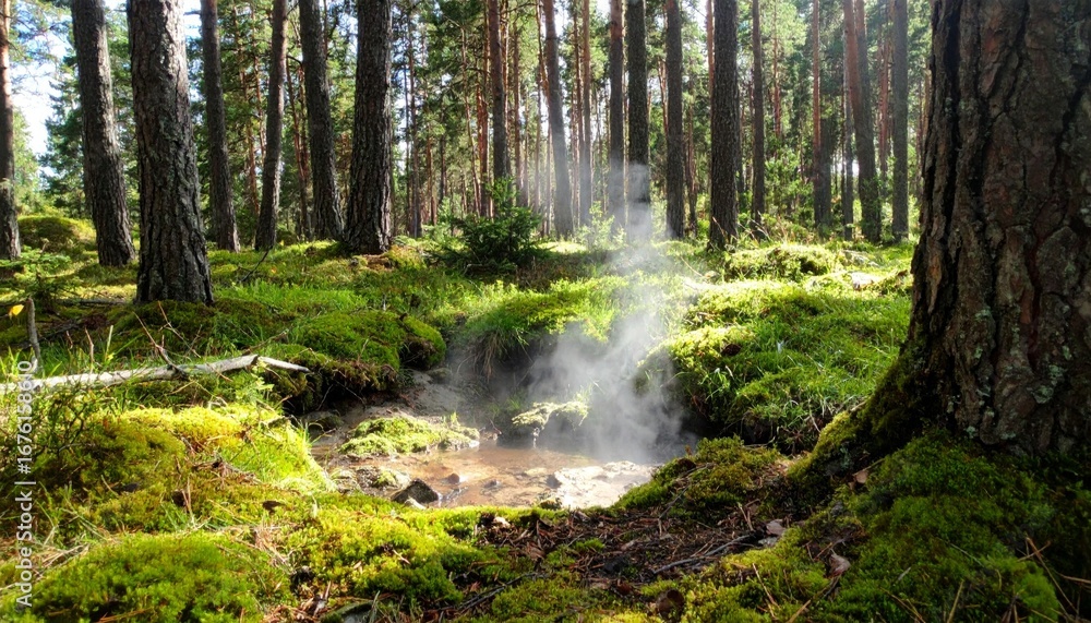 Obraz premium Steam Rising from a Natural Spring in a Lush Forest Landscape