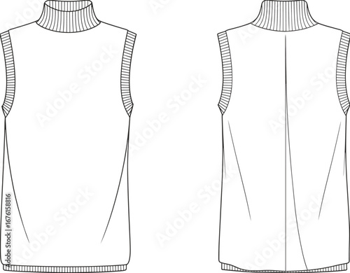 Technical flat sketch of sleeveless turtleneck top with ribbed collar, ribbed armholes, ribbed hem, front and back fashion design illustration