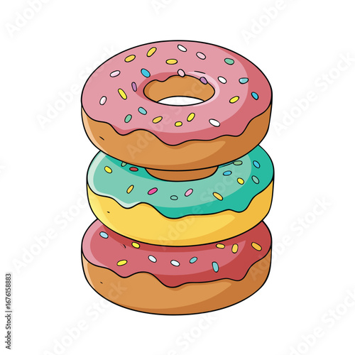 Illustration of a stack of three colorful donuts isolated on white background, a sweet and delicious treat