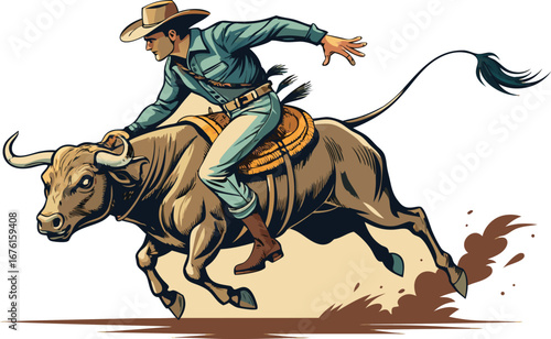 Cowboy roping a bucking bull in a rodeo competition