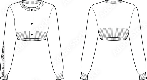 Technical vector illustration of cropped cardigan sweater with round neckline, button front closure, ribbed cuffs and hem, long sleeves, front and back views