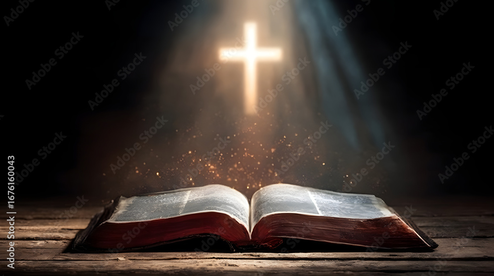 Fototapeta premium Bible with glowing cross and light rays in dark background