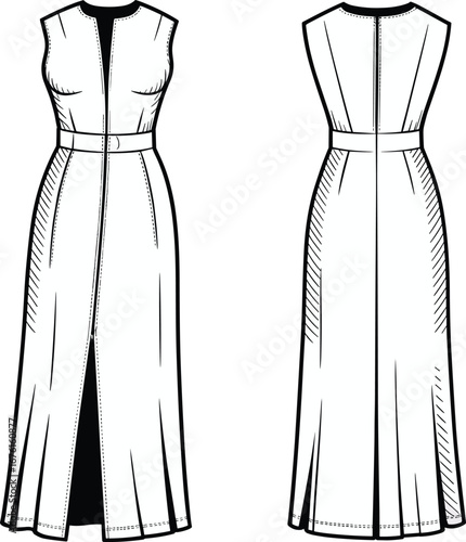 Technical vector illustration of sleeveless belted dress, front and back view, round neckline, flared skirt, fitted bodice, garment design, fashion