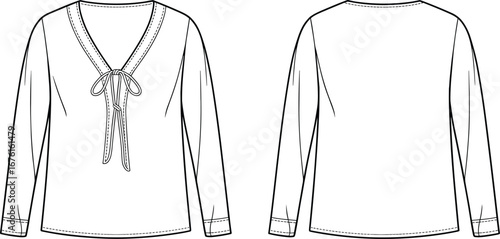 Technical vector illustration of women’s V‑neck long‑sleeve top with front tie detail, front and back view, garment construction, fashion design