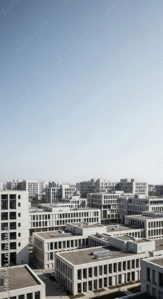 Fototapeta premium A high-angle view of a modern, light gray concrete architectural complex, showcasing numerous uniform buildings with rectangular shapes and repeating window patterns.
