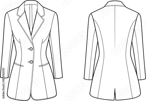 Women's tailored blazer technical fashion vector illustration, front and back views with notched lapel, welt pockets, seams and vent details