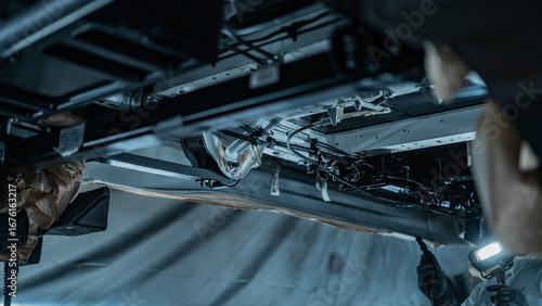 Automotive technician applying rustproof protective coating under a vehicle. Process helps prevent corrosion and extend vehicle lifespan. Ideal for illustrating car maintenance, vehicle care.