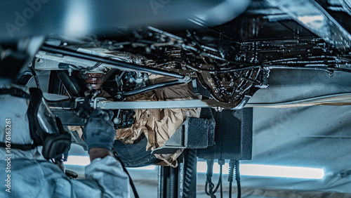 Fotografie Automotive technician applying rustproof protective coating under a vehicle