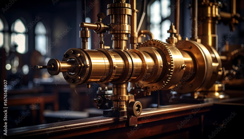 Fototapeta premium Ornate brass machinery in dimly lit room