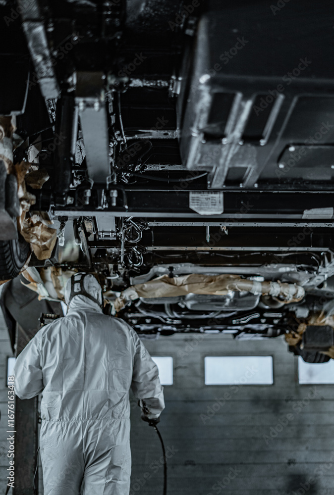 Fototapeta premium Automotive technician applying rustproof protective coating under a vehicle. Process helps prevent corrosion and extend vehicle lifespan. Ideal for illustrating car maintenance, vehicle care.