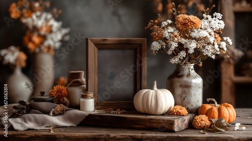 Thanksgiving table setup with a vintage dark frame and autumnal decorations featuring pumpkins and flowers