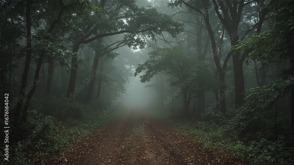 Fototapeta premium A Lonely Road Disappearing into a Misty Forest