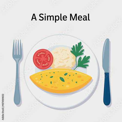 omelette, breakfast, food, plate, meal, egg, tomato, garnish, mashed, fork, knife, dining, dish, brunch, cooking, illustration, icon, healthy, fresh, homemade, kitchen, nutrition, delicious, recipe, g