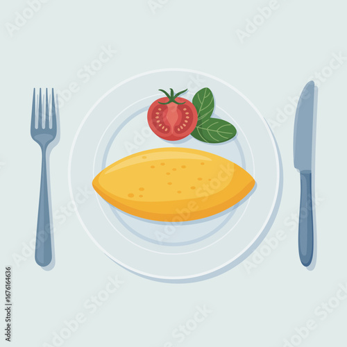omelette, breakfast, food, plate, meal, egg, tomato, garnish, mashed, fork, knife, dining, dish, brunch, cooking, illustration, icon, healthy, fresh, homemade, kitchen, nutrition, delicious, recipe, g