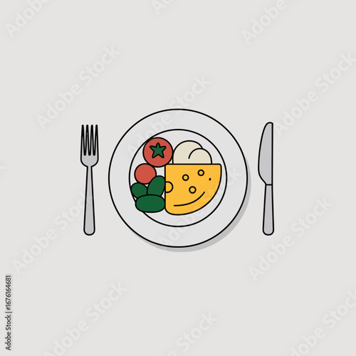 omelette, breakfast, food, plate, meal, egg, tomato, garnish, mashed, fork, knife, dining, dish, brunch, cooking, illustration, icon, healthy, fresh, homemade, kitchen, nutrition, delicious, recipe, g