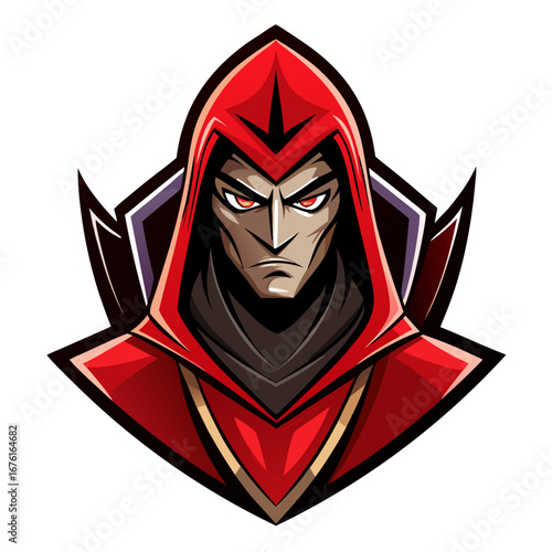 Crimson-Cloaked Assassin Mascot with Bold Eye Highlights and Symmetrical Framing