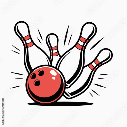 bowling, ball, pins, strike, sports, game, redball, illustration, icon, competition, athlete, indoor, tournament, leisure, hobby, recreation, entertainment, accuracy, motion, score, alley, fun, play, 