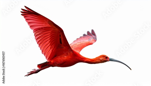 scarlet ibis flying isolated on white background