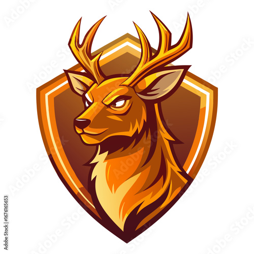 Stylized Buck Mascot with Glowing Amber Antlers in Warm Gradient Shield