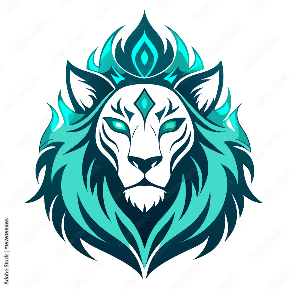 Fototapeta premium Mystical Lion Spirit with Cyan Glow and Tribal Flame Accents
