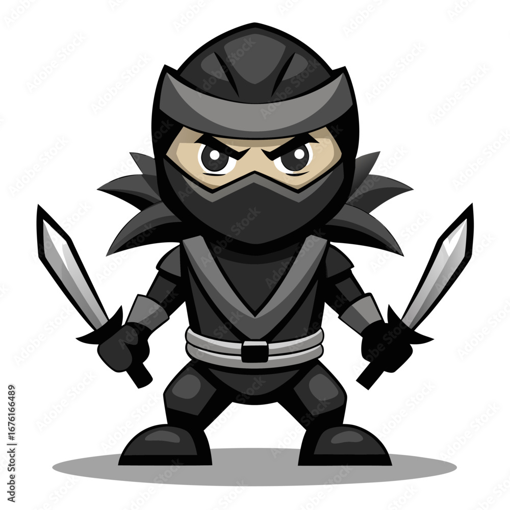 Obraz premium Grayscale Ninja Mascot with Twin Blades Standing in Shadows