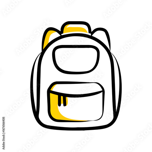 Backpack in simple black and white outline with yellow details  