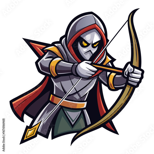 Hooded Archer Mascot Pulling Bow with Metallic Detailing