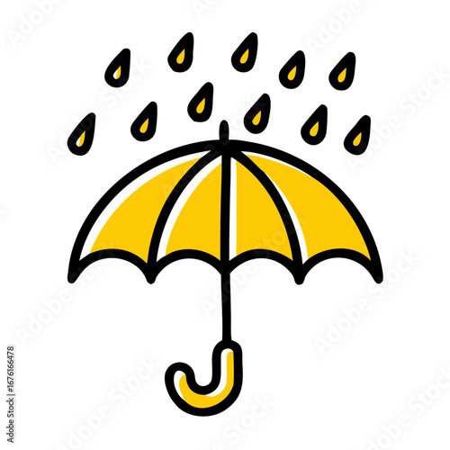 Yellow umbrella with raindrops in a simple outline design  