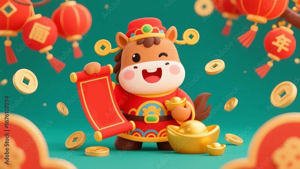 Naklejka premium Cartoon horse with Chinese New Year elements