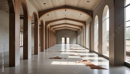 Elegant interior with wooden arches, creating a sense of spaciousness and natural light in a modern building.