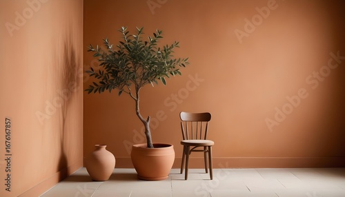 Warm-toned interior featuring an olive tree in a terracotta pot and wooden chair.