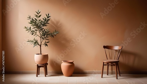 Warm minimalist interior scene with a plant, chair, and terracotta elements.