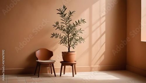 An olive tree in a warm, sunlit room creates a cozy atmosphere.