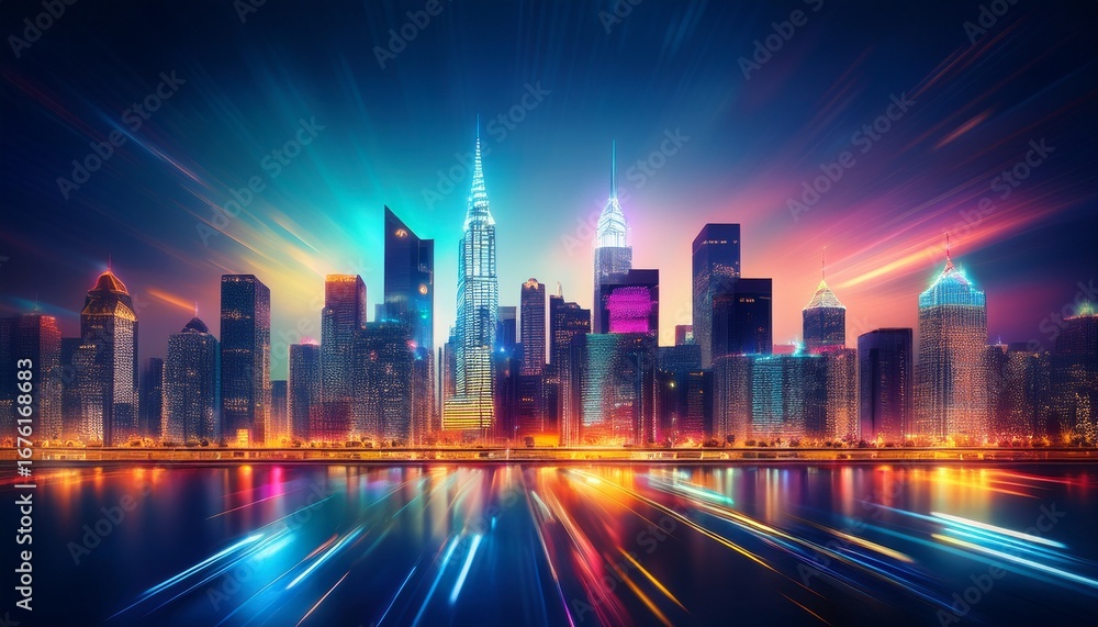 Fototapeta premium blurry city skyline glowing with night lights