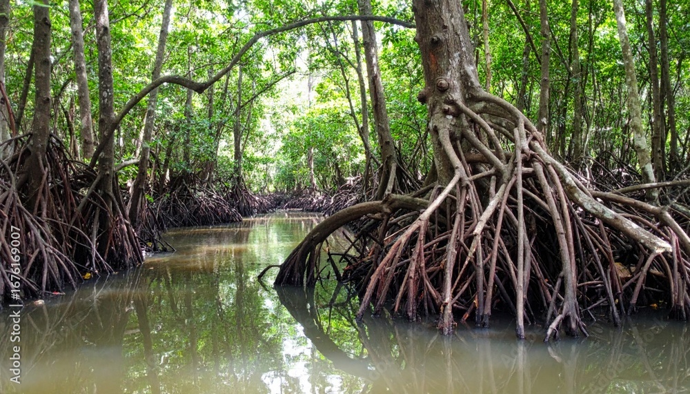 Obraz premium Serene Mangrove Forest with Reflection in Calm Waterway