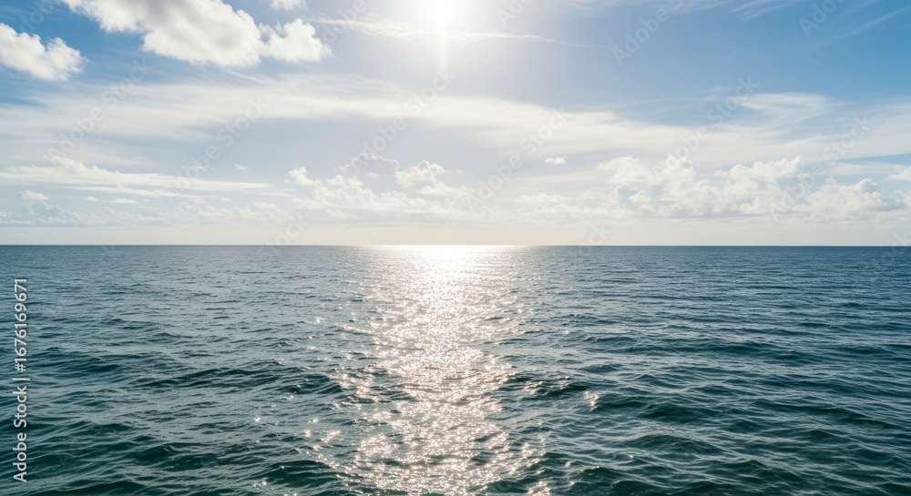 Fototapeta premium Serene expanse of ocean water, with a brilliant sky full of soft, white clouds, showcasing the vastness of nature's beauty.