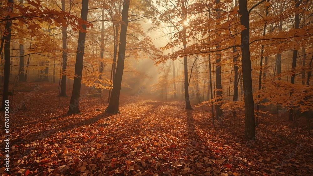 Obraz premium Sunbeams in a Golden Autumn Forest