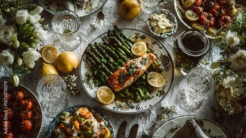 Thanksgiving dinner table set with assorted dishes and vibrant decorations for a festive family gathering