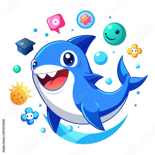 Oversized-Head Blue Shark with Game Icons and Sea Textures