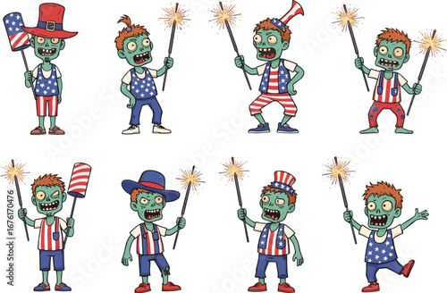 Cartoon zombies celebrating Fourth of July with sparklers and American flag outfits, patriotic undead characters, funny USA Independence Day illustration.